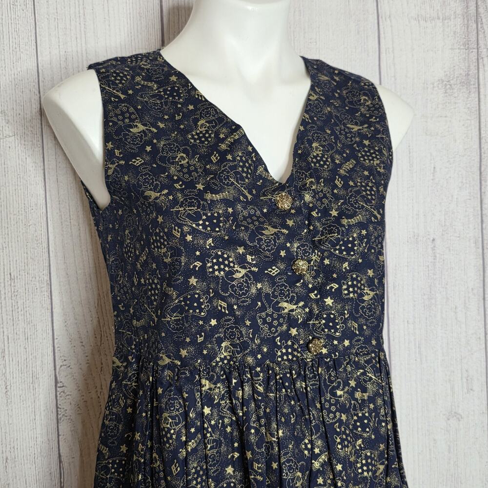 Vintage Handmade Angel Print Jumper Dress Blue Gold Maxi Cottagecore Folk Art - Picture 2 of 5